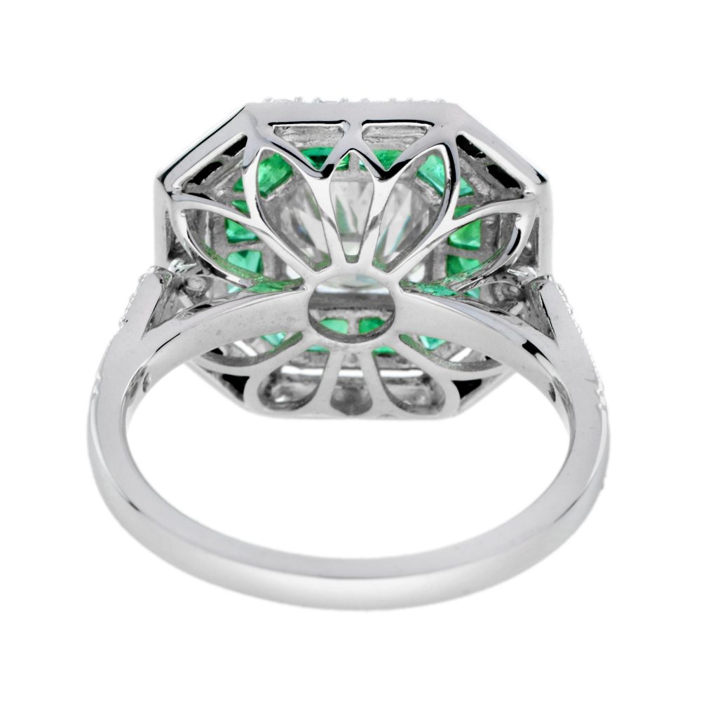 Old Cut Diamond Emerald and Onyx Octagonal Cluster Engagement Ring