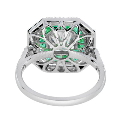 Old Cut Diamond Emerald and Onyx Octagonal Cluster Engagement Ring