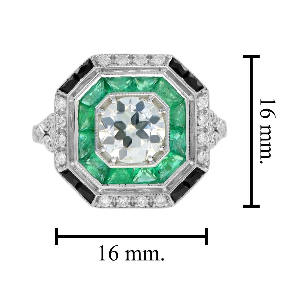 Old Cut Diamond Emerald and Onyx Octagonal Cluster Engagement Ring
