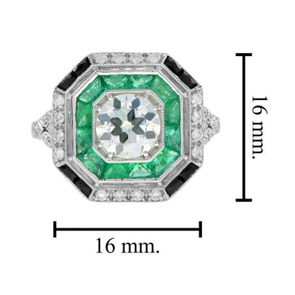 Old Cut Diamond Emerald and Onyx Octagonal Cluster Engagement Ring