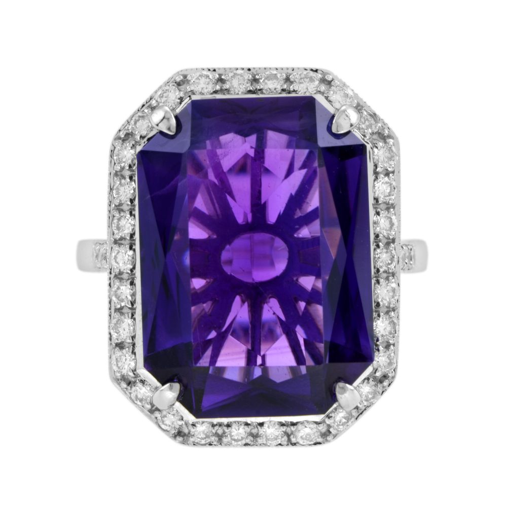11.75ct Emerald Cut Amethyst and Diamond Cluster Cocktail Ring
