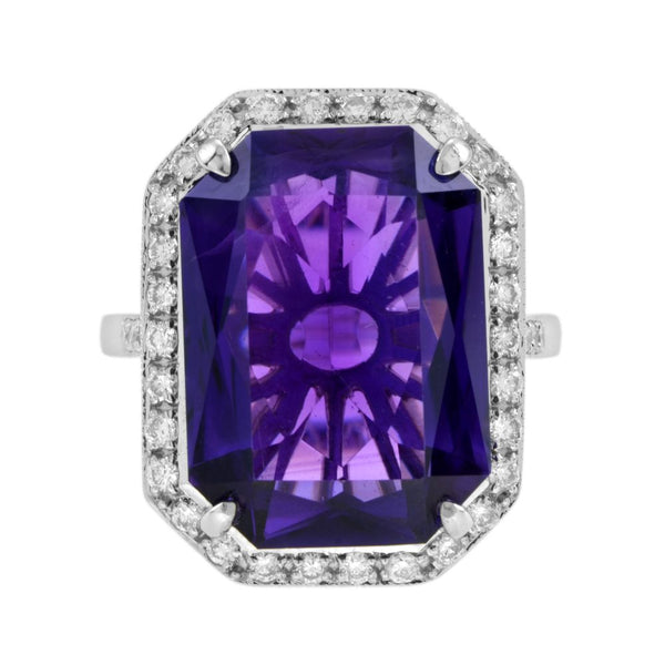 11.75ct Emerald Cut Amethyst and Diamond Cluster Cocktail Ring