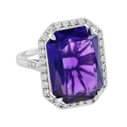 11.75ct Emerald Cut Amethyst and Diamond Cluster Cocktail Ring