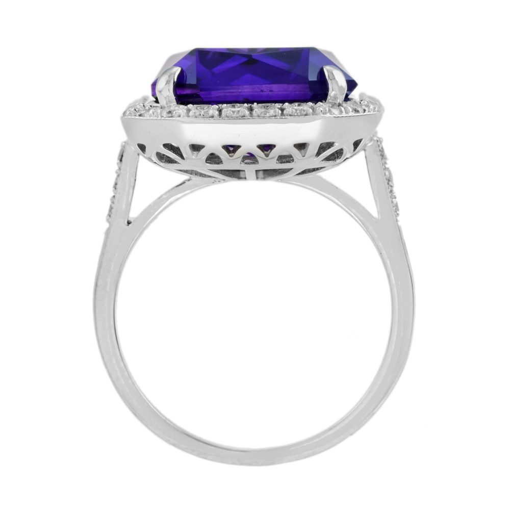 11.75ct Emerald Cut Amethyst and Diamond Cluster Cocktail Ring