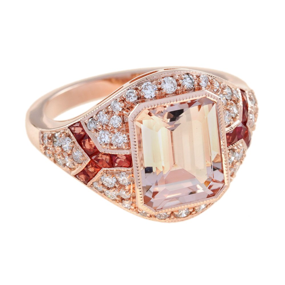 2.70ct Emerald Cut Morganite Orange Sapphire Diamond Cluster Ring in 18ct Rose Gold