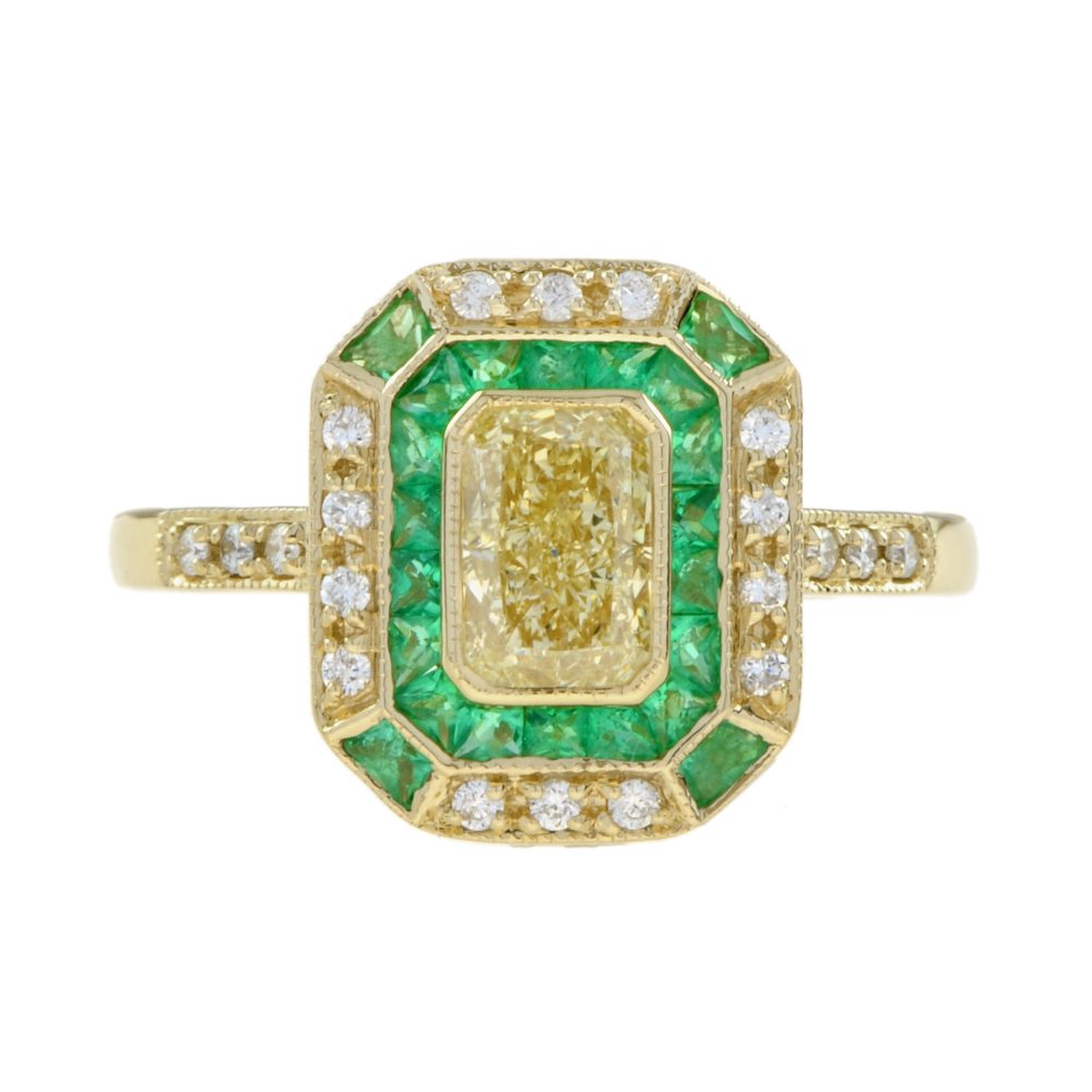 Emerald Cut Fancy Light Yellow Diamond and Emerald Cluster Engagement Ring
