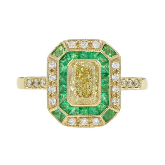 Emerald Cut Fancy Light Yellow Diamond and Emerald Cluster Engagement Ring