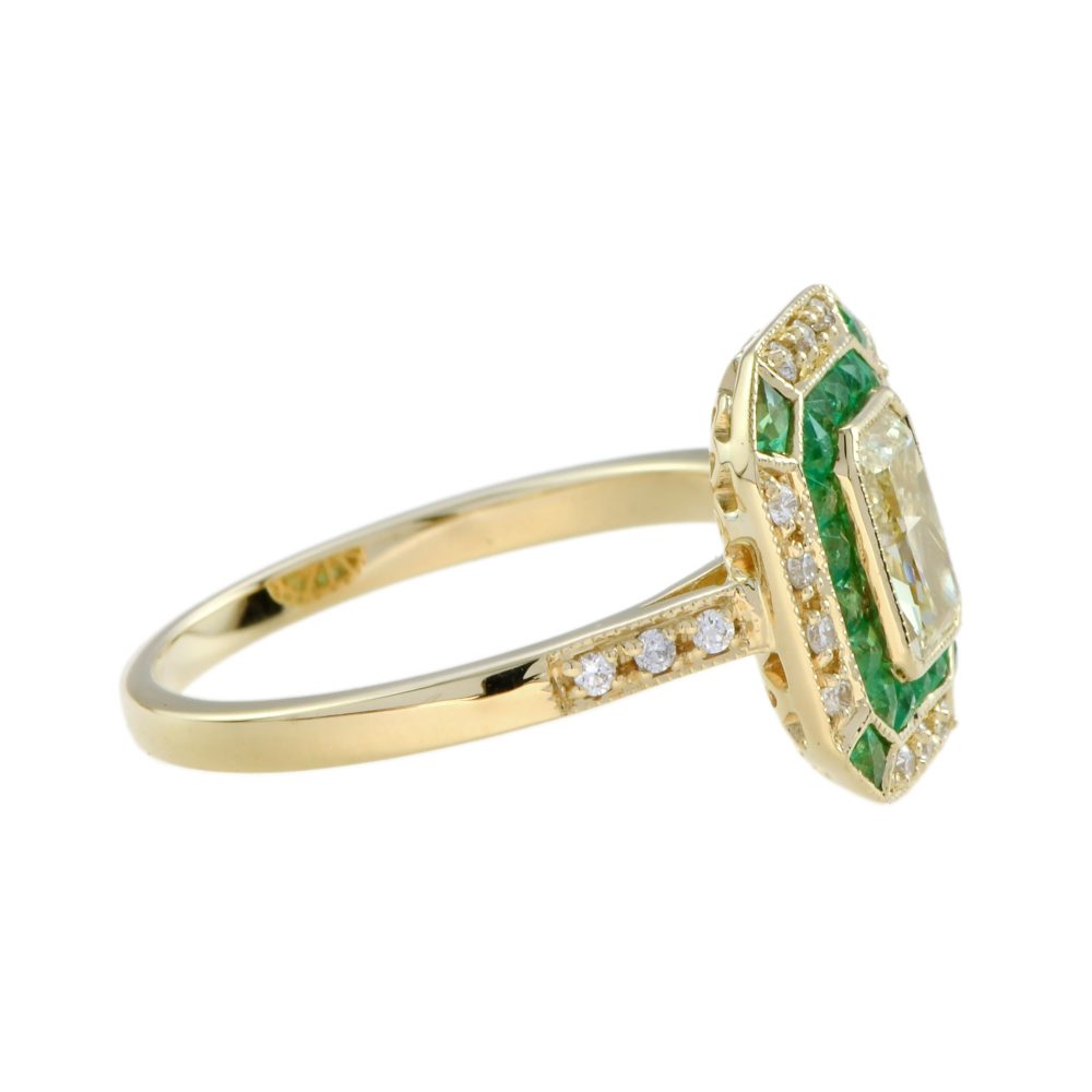 Emerald Cut Fancy Light Yellow Diamond and Emerald Cluster Engagement Ring