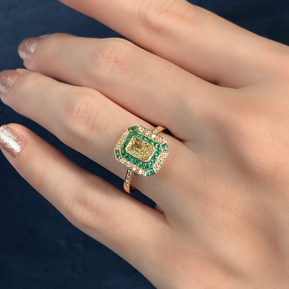 Emerald Cut Fancy Yellow Diamond and Emerald Cluster Engagement Ring