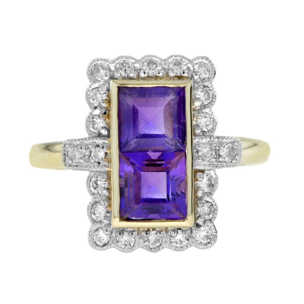1.20ct Double Square Cut Amethyst and Diamond Cluster Dress Ring