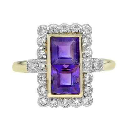 1.20ct Double Square Cut Amethyst and Diamond Cluster Dress Ring