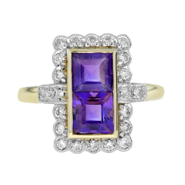 1.20ct Double Square Cut Amethyst and Diamond Cluster Dress Ring