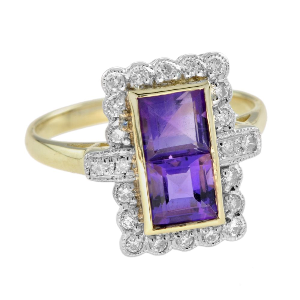 1.20ct Double Square Cut Amethyst and Diamond Cluster Dress Ring