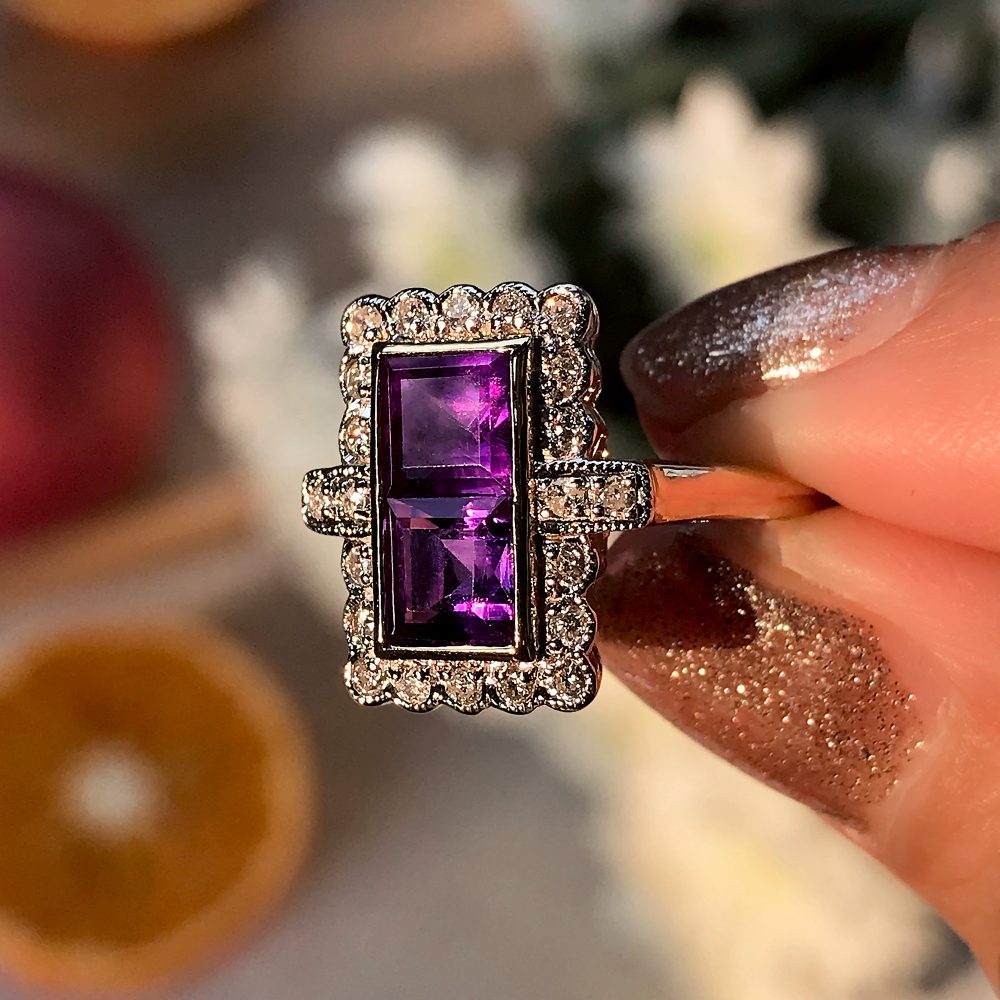 1.20ct Double Square Cut Amethyst and Diamond Cluster Dress Ring