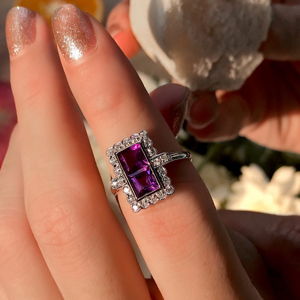 1.20ct Double Square Cut Amethyst and Diamond Cluster Dress Ring