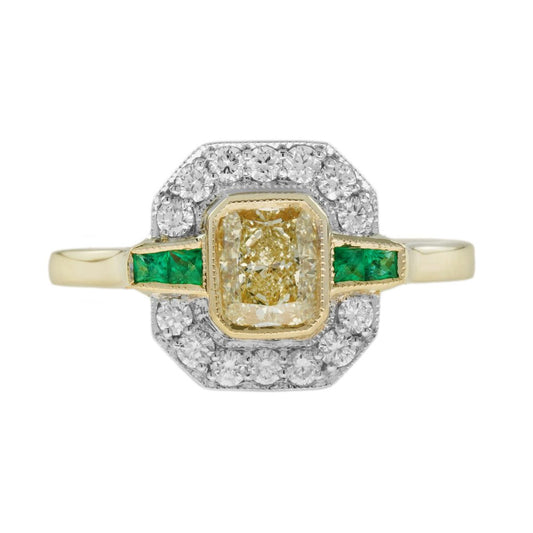 Emerald Cut Yellow Diamond White Diamond and Emerald Cluster Engagement Ring in 18ct Yellow Gold