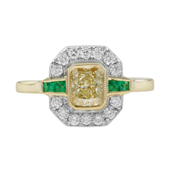 Emerald Cut Yellow Diamond White Diamond and Emerald Cluster Engagement Ring in 18ct Yellow Gold