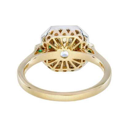 Emerald Cut Yellow Diamond White Diamond and Emerald Cluster Engagement Ring in 18ct Yellow Gold
