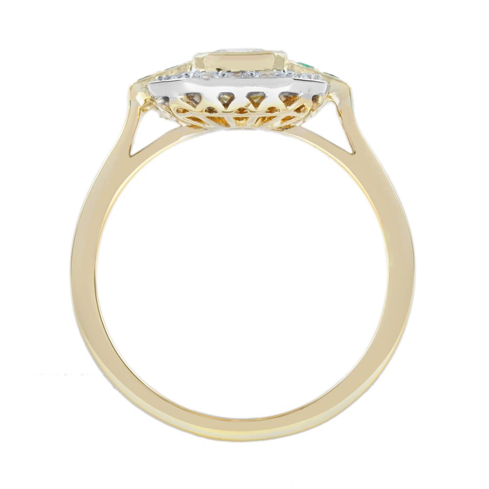 Emerald Cut Yellow Diamond White Diamond and Emerald Cluster Engagement Ring in 18ct Yellow Gold