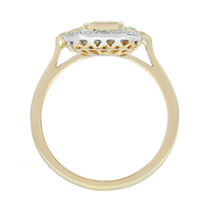 Emerald Cut Yellow Diamond White Diamond and Emerald Cluster Engagement Ring in 18ct Yellow Gold