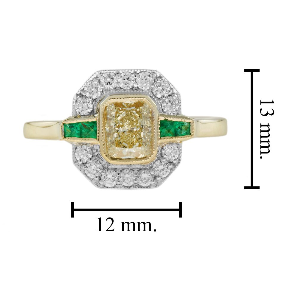 Emerald Cut Yellow Diamond White Diamond and Emerald Cluster Engagement Ring in 18ct Yellow Gold