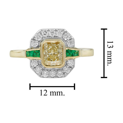 Emerald Cut Yellow Diamond White Diamond and Emerald Cluster Engagement Ring in 18ct Yellow Gold