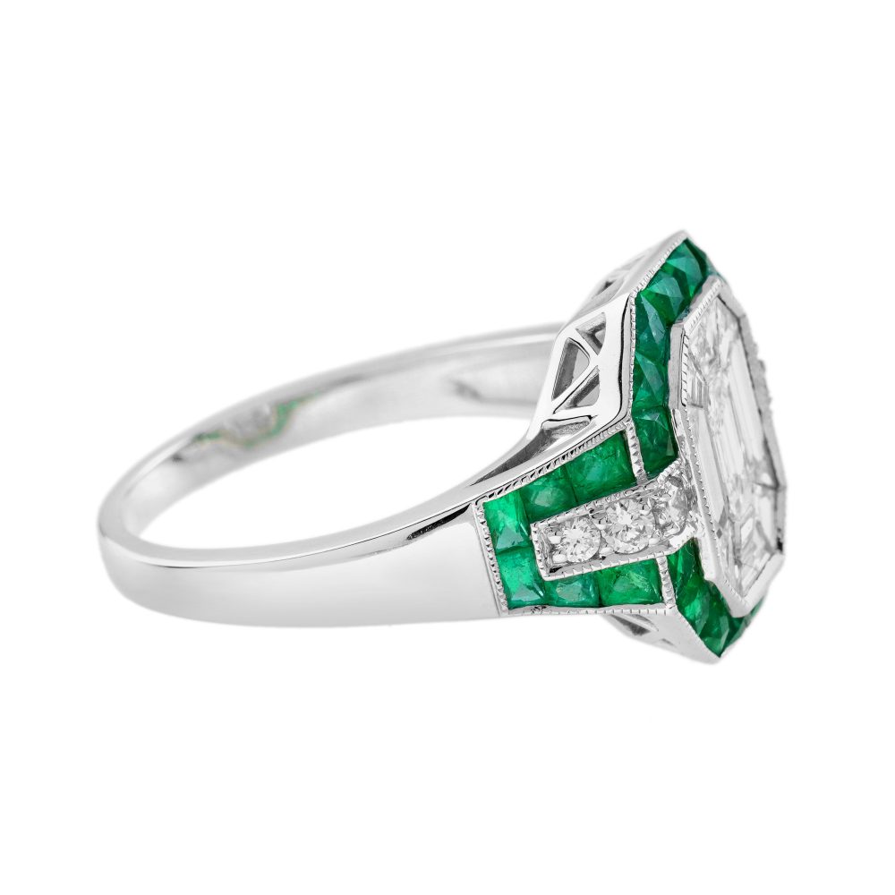 Illusion Emerald Cut Diamonds and Emerald Cluster Engagement Ring