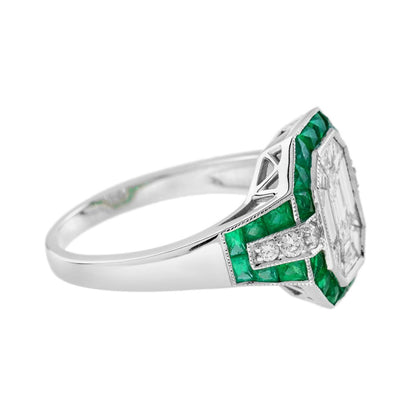 Illusion Emerald Cut Diamonds and Emerald Cluster Engagement Ring