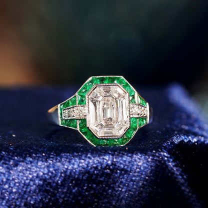 Illusion Emerald Cut Diamonds and Emerald Cluster Engagement Ring