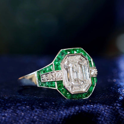 Illusion Emerald Cut Diamonds and Emerald Cluster Engagement Ring