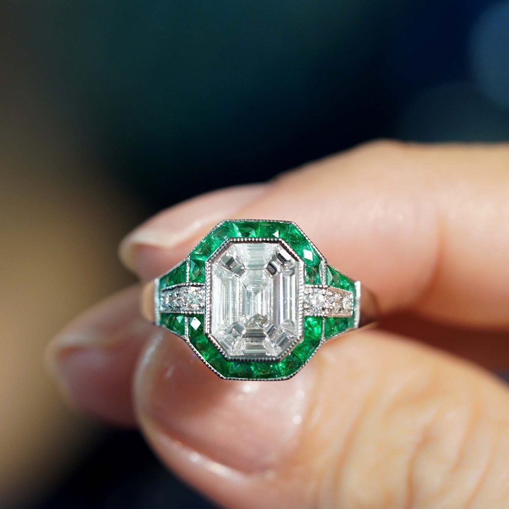 Illusion Emerald Cut Diamonds and Emerald Cluster Engagement Ring
