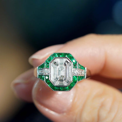 Illusion Emerald Cut Diamonds and Emerald Cluster Engagement Ring