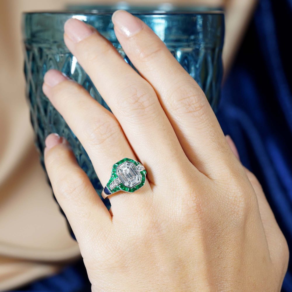 Illusion Emerald Cut Diamonds and Emerald Cluster Engagement Ring