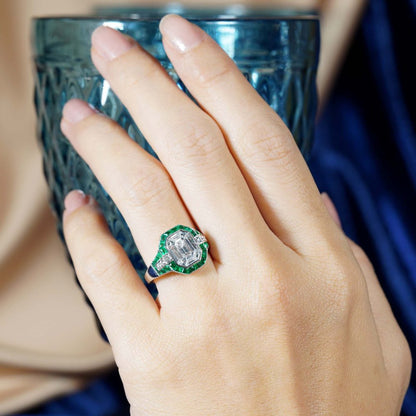 Illusion Emerald Cut Diamonds and Emerald Cluster Engagement Ring