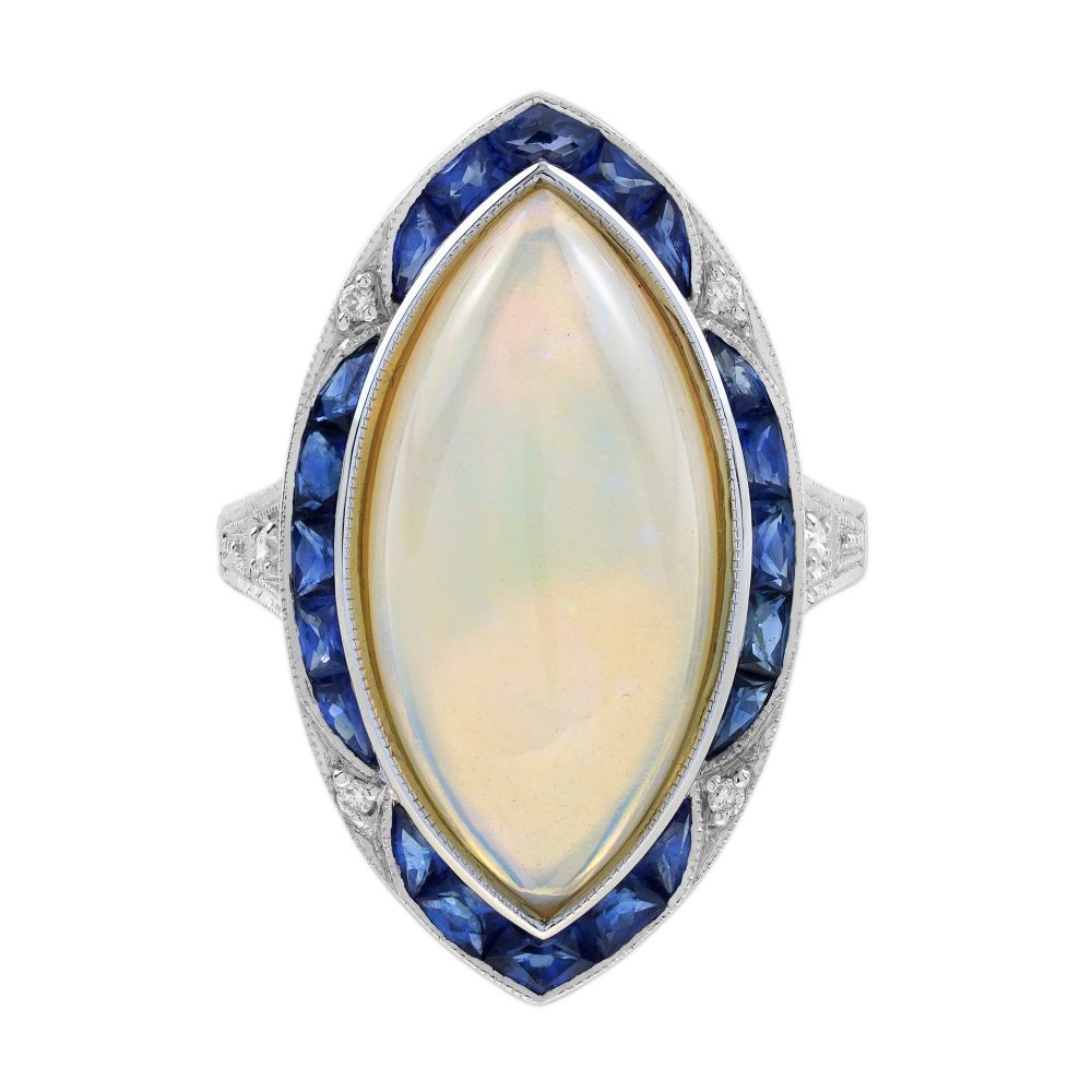 6.55ct Marquise Opal with Sapphire and Diamond Cluster Navette Ring