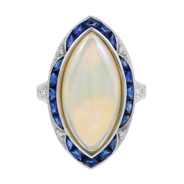 6.55ct Marquise Opal with Sapphire and Diamond Cluster Navette Ring