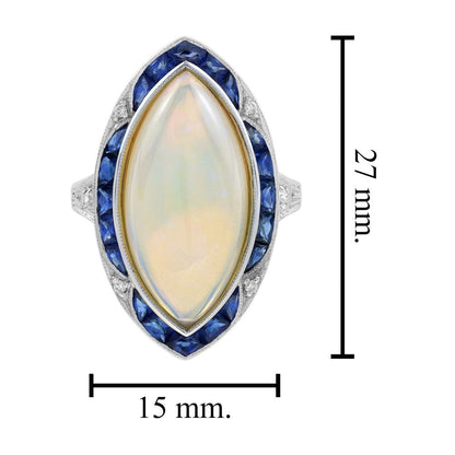 6.55ct Marquise Opal with Sapphire and Diamond Cluster Navette Ring
