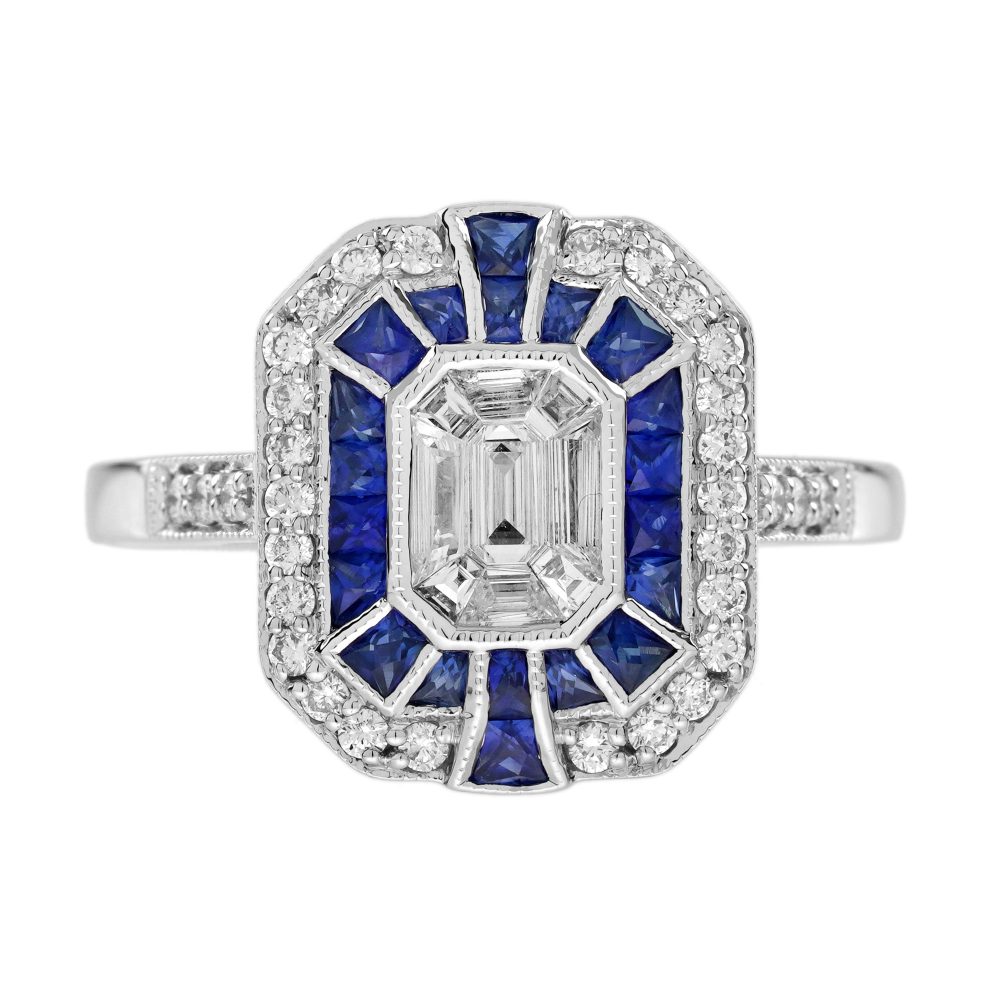 Diamond and Sapphire Cluster Engagement Ring in 18ct White Gold