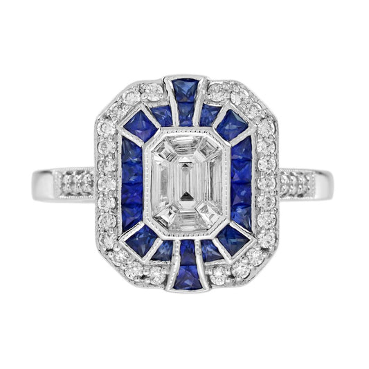 Diamond and Sapphire Cluster Engagement Ring in 18ct White Gold