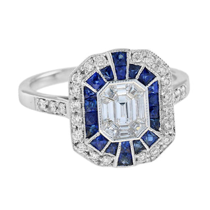 Illusion Set Emerald Cut Diamond and Sapphire Cluster Dress Ring