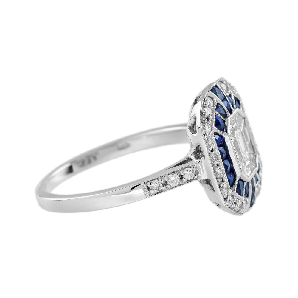 Illusion Set Emerald Cut Diamond and Sapphire Cluster Dress Ring
