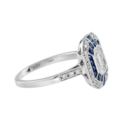 Illusion Set Emerald Cut Diamond and Sapphire Cluster Dress Ring