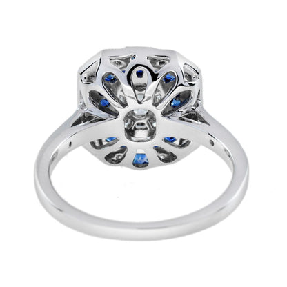 Illusion Set Emerald Cut Diamond and Sapphire Cluster Dress Ring