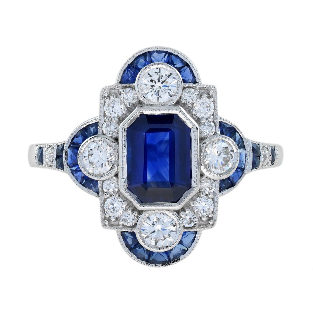 0.99ct Emerald Cut Ceylon Sapphire and Diamond Cluster Dress Ring in 18ct White Gold