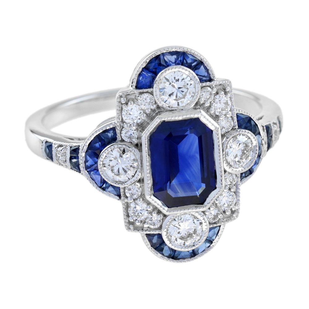 0.99ct Emerald Cut Ceylon Sapphire and Diamond Cluster Dress Ring in 18ct White Gold