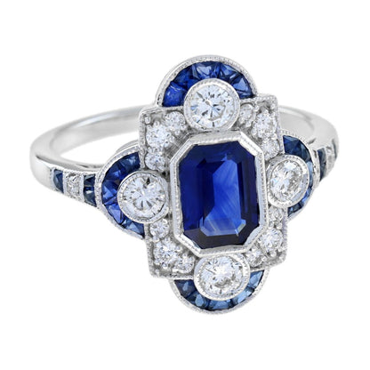 0.99ct Emerald Cut Ceylon Sapphire and Diamond Cluster Dress Ring in 18ct White Gold