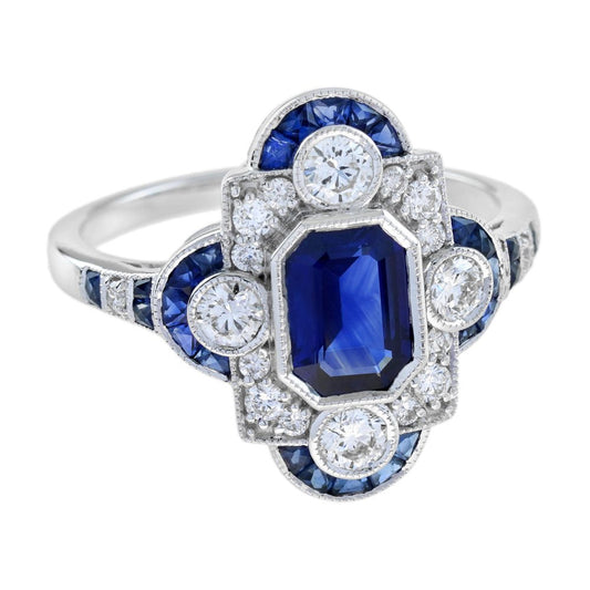 0.99ct Emerald Cut Ceylon Sapphire and Diamond Cluster Dress Ring in 18ct White Gold
