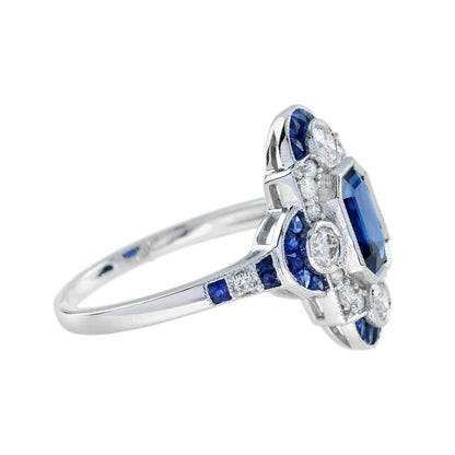 0.99ct Emerald Cut Ceylon Sapphire and Diamond Cluster Dress Ring in 18ct White Gold