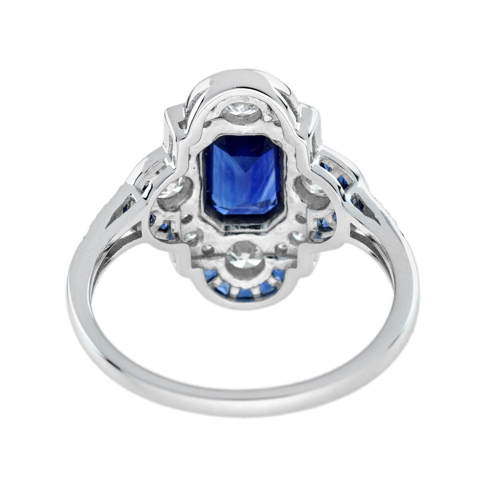 0.99ct Emerald Cut Ceylon Sapphire and Diamond Cluster Dress Ring in 18ct White Gold