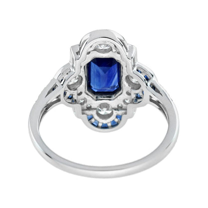 0.99ct Emerald Cut Ceylon Sapphire and Diamond Cluster Dress Ring in 18ct White Gold